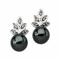 14K White Gold 7mm Cultured Black Pearl and Diamond Earring